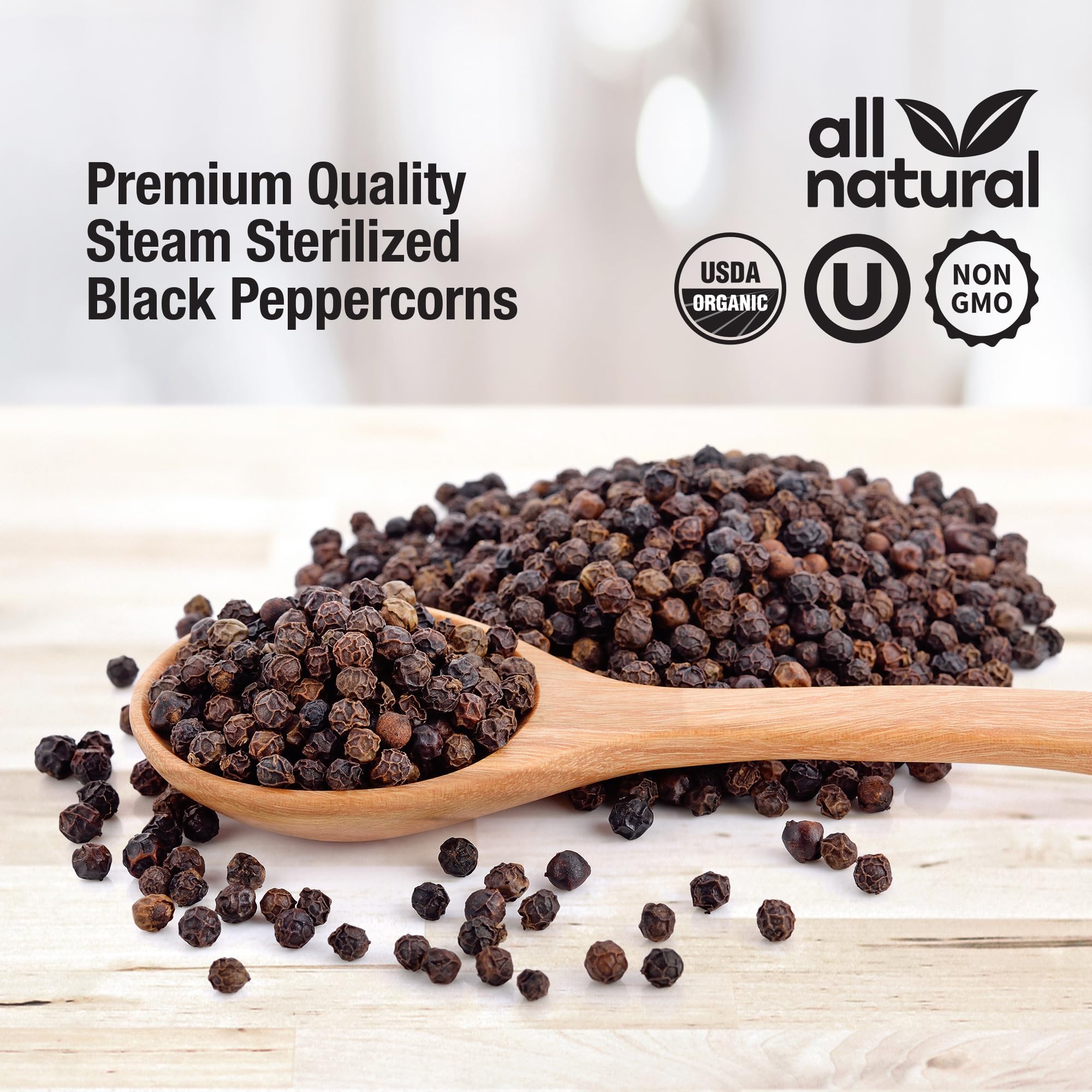 The Spice Lab organic Tellicherry peppercorns 18oz tub for fresh grind flavor.