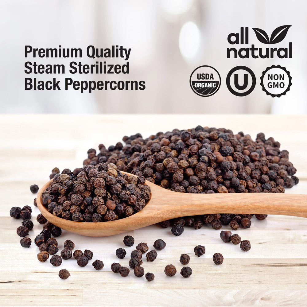 The Spice Lab organic Tellicherry peppercorns 18oz tub for fresh grind flavor.