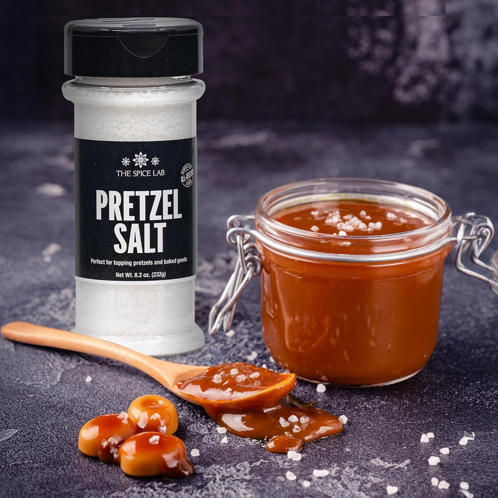 The Spice Lab pretzel salt packaging and labeling for gourmet gifts.