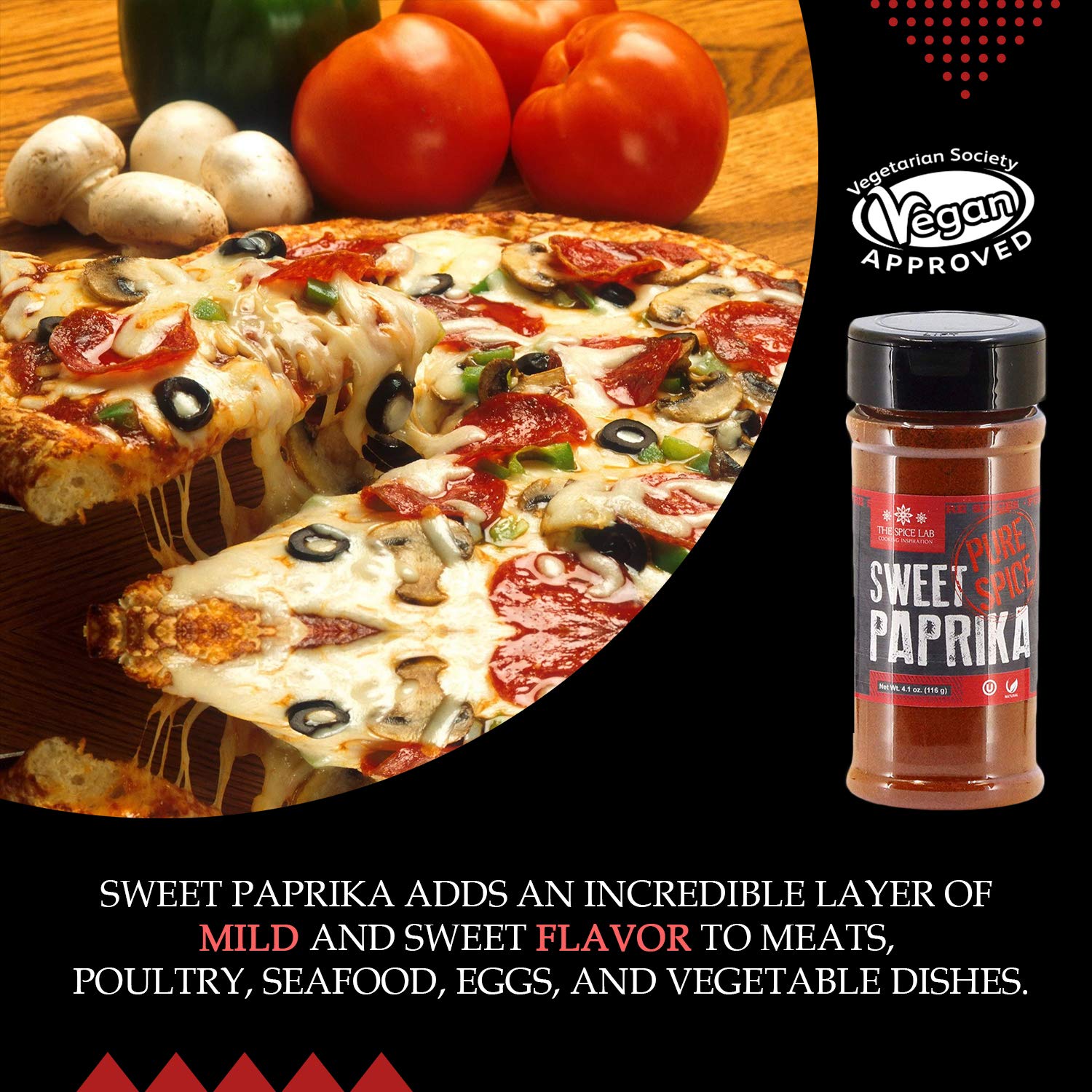 The Spice Lab Sweet Paprika Powder close-up reveals fine texture and vibrant red hue.