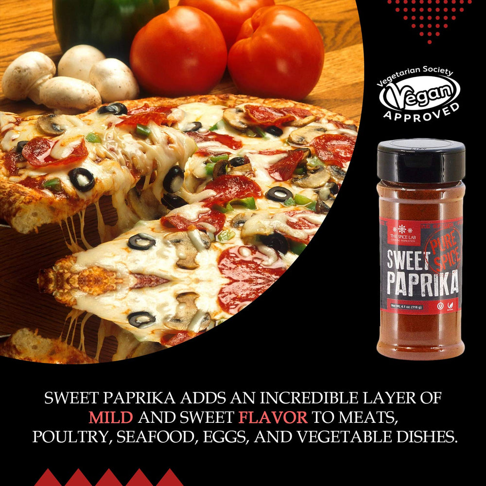 The Spice Lab Sweet Paprika Powder close-up reveals fine texture and vibrant red hue.