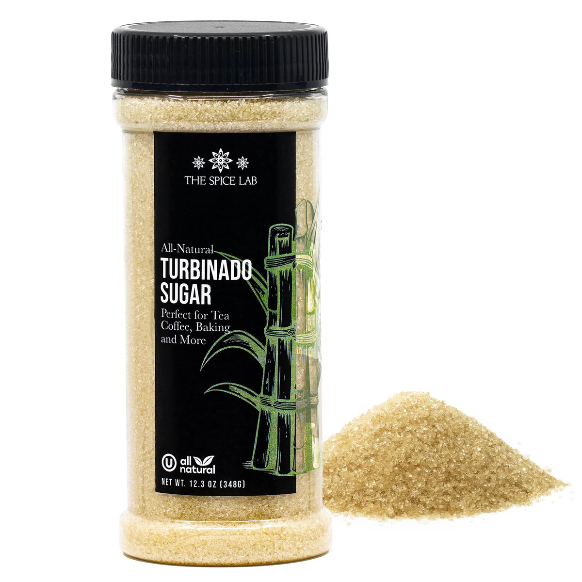 The Spice Lab Turbinado Sugar crystals in a 12oz bottle, perfect for baking