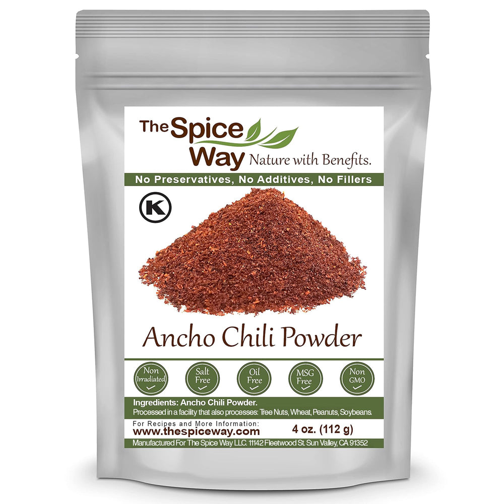The Spice Way ancho chile powder in a resealable bag showing 100% pure chili.