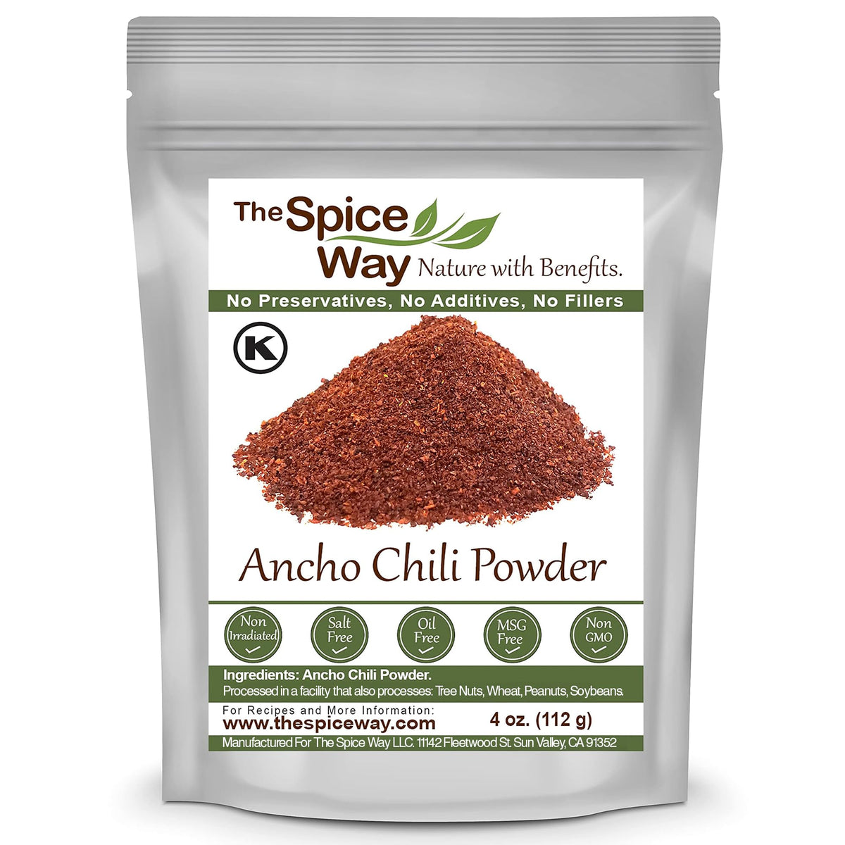 The Spice Way ancho chile powder in a resealable bag showing 100% pure chili.