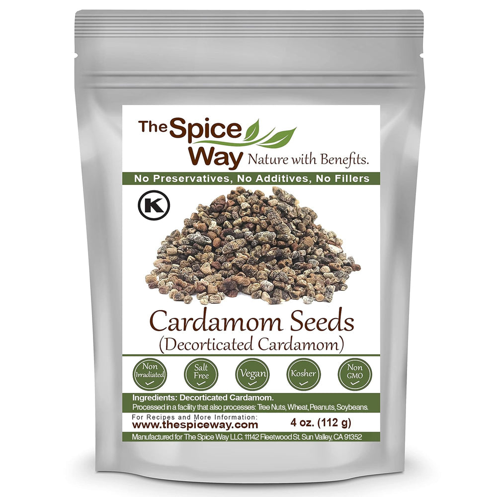 The Spice Way Cardamom Decorticated pod closeup shows bright seeds for cooking