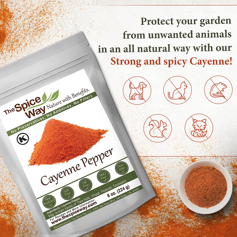 The Spice Way cayenne powder bottle close-up highlights pure, additive-free heat.