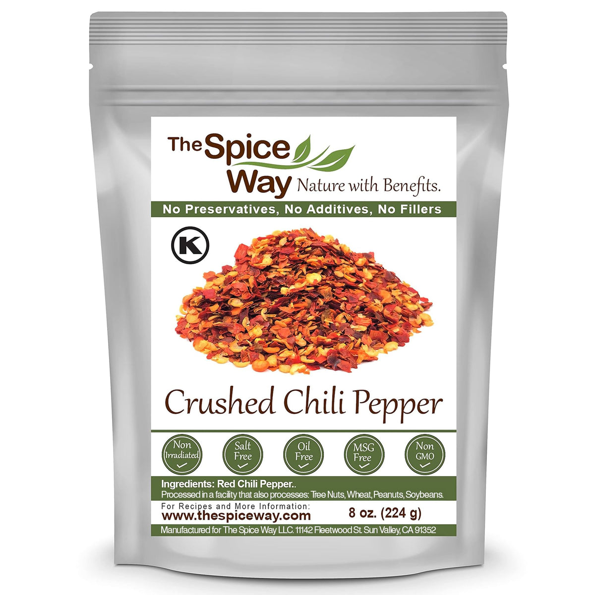 The Spice Way Crushed Red Pepper Flakes jar adds bold heat to pizzas and pastas.