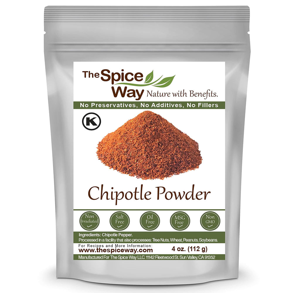 The Spice Way Ground Chipotle Powder bottle label shows smoky jalapeño flavor for versatile cooking