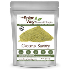 The Spice Way Ground Savory jar close-up highlighting fresh aroma for cooking.