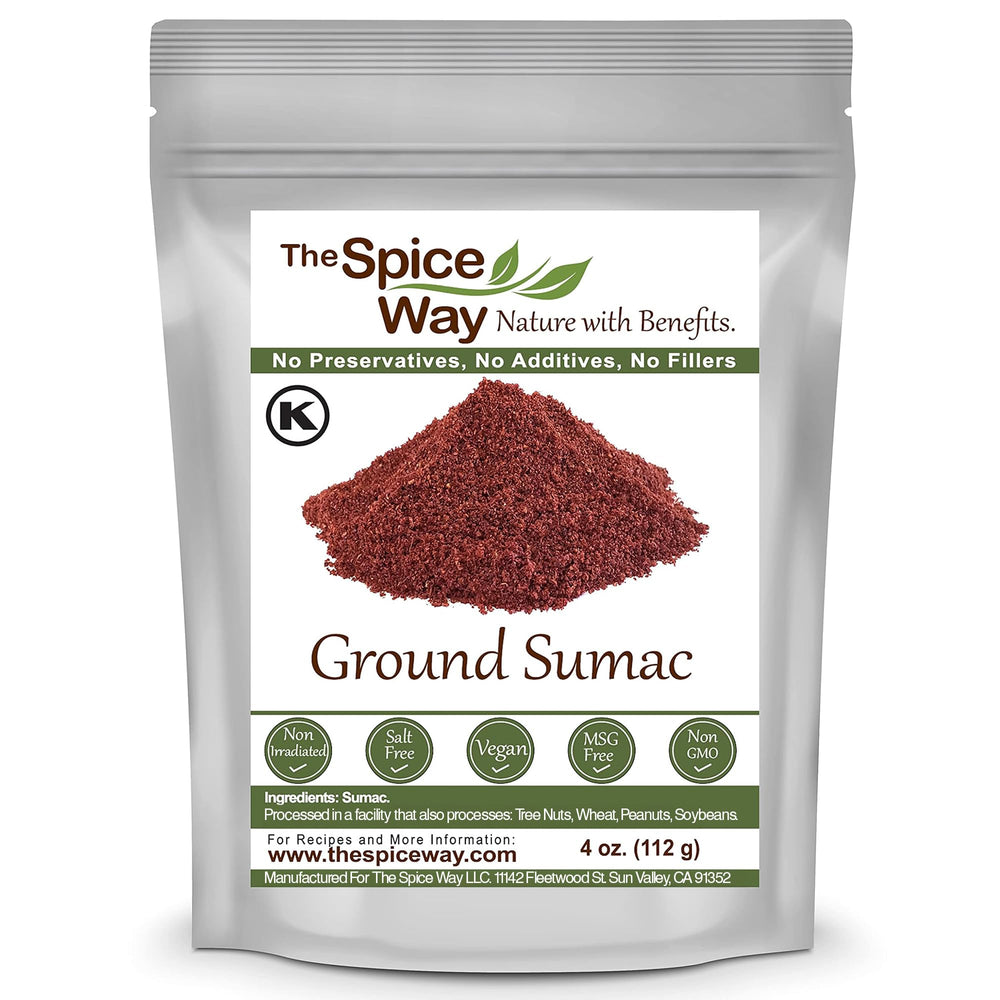 The Spice Way ground sumac powder in a 4oz jar for bright lemony tang.