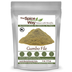 The Spice Way gumbo file packaging shows premium sassafras leaves for authentic flavor