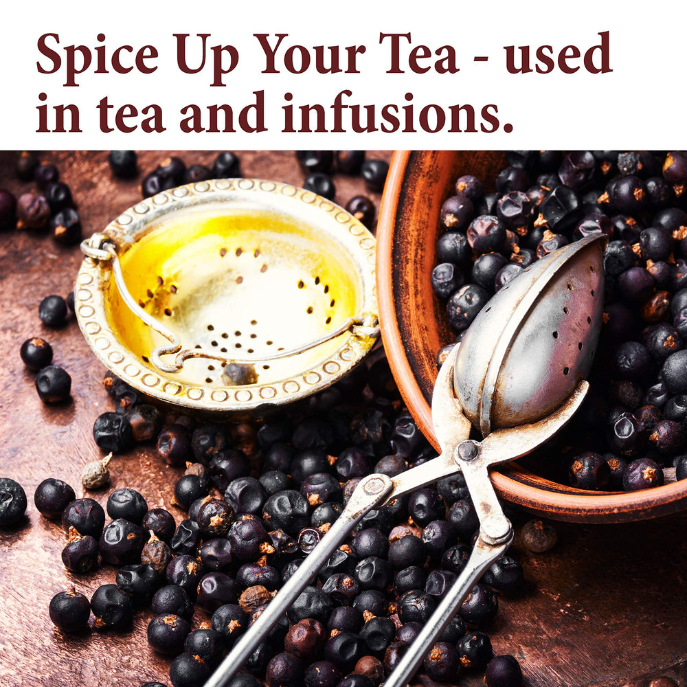 The Spice Way juniper berries steeping in tea for an earthy lift.