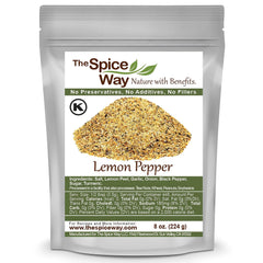 The Spice Way Lemon Pepper bottle on a kitchen counter ready for seasoning.