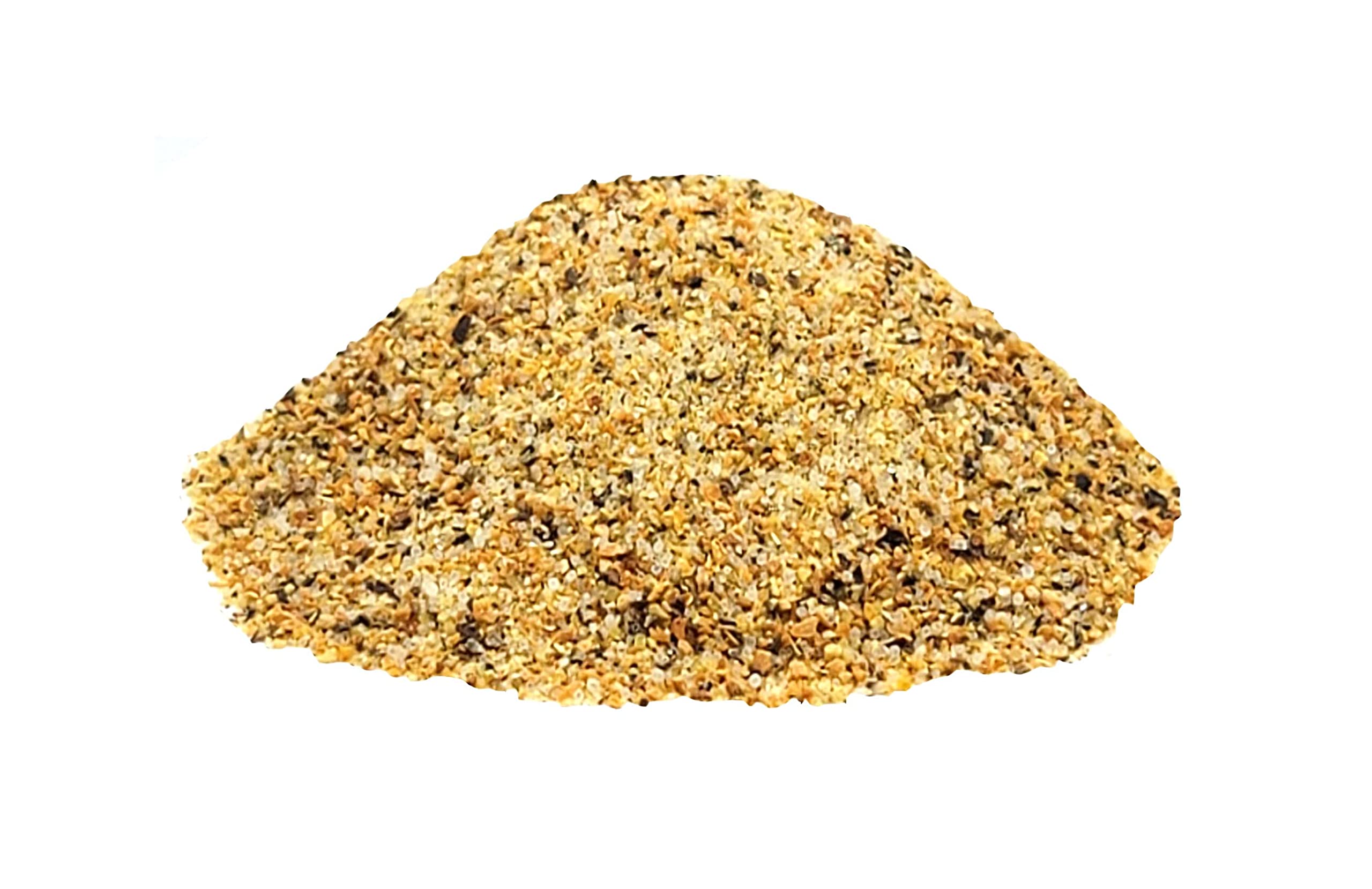 Close-up of lemon zest and pepper grains in the blend.