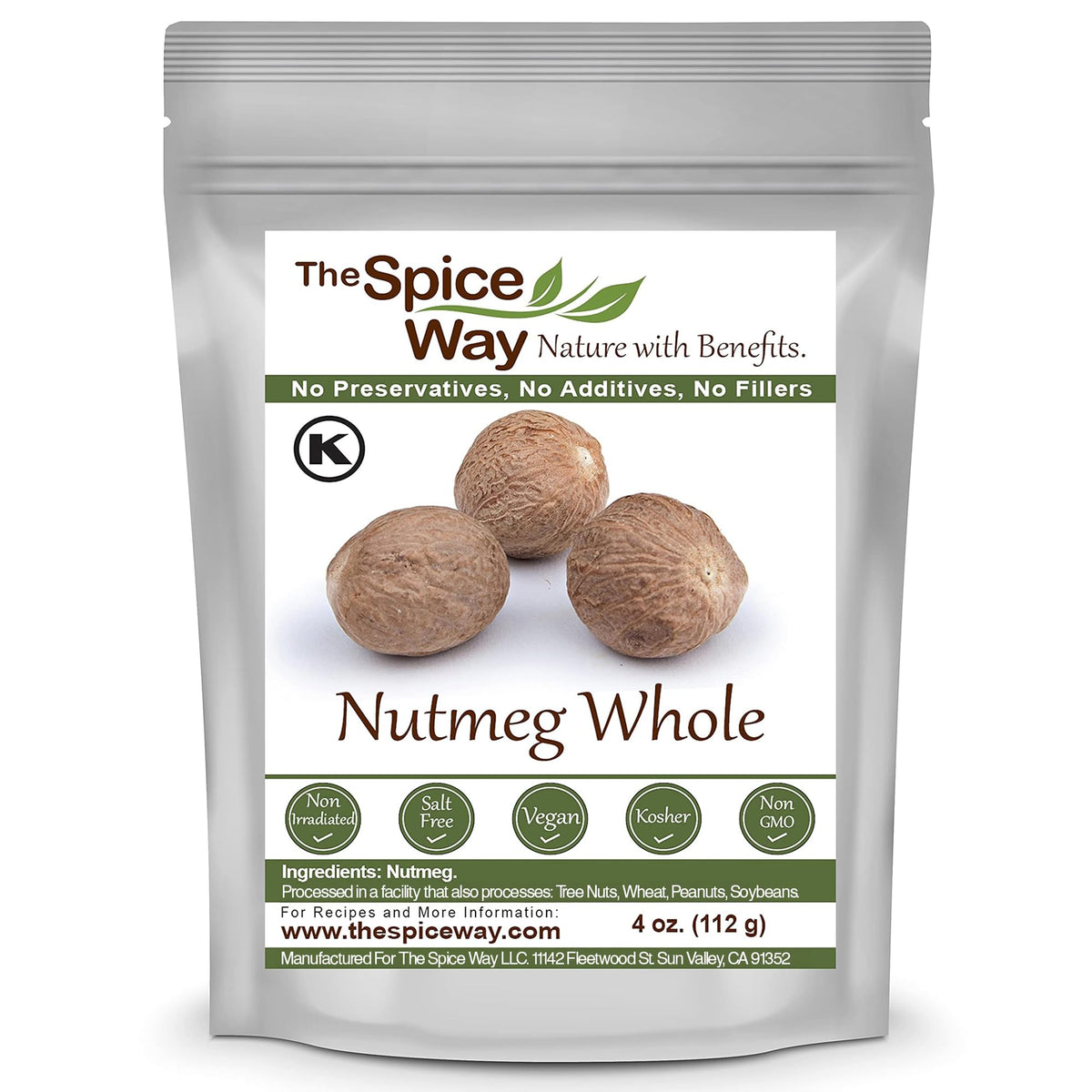 The Spice Way Nutmeg Whole bottle pour enhances savory dishes with warm aroma.