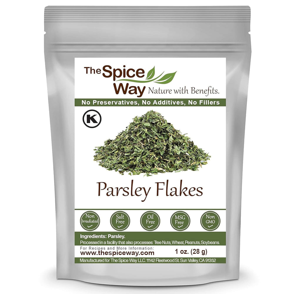The Spice Way Parsley Flakes bottle closeup for vibrant dish garnish.