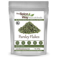 The Spice Way Parsley Flakes bottle closeup for vibrant dish garnish.