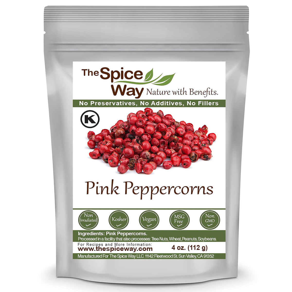 The Spice Way Pink Peppercorns in a resealable bag with vibrant pink grains.