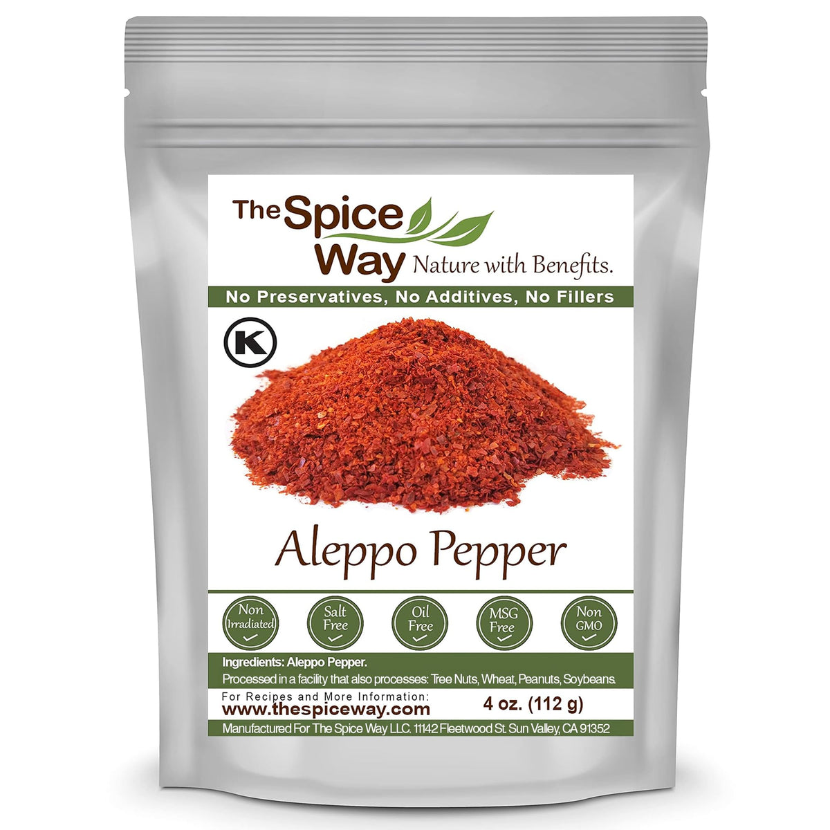 The Spice Way Premium Aleppo Pepper Ground bottle close-up showing bright powder and quality packaging