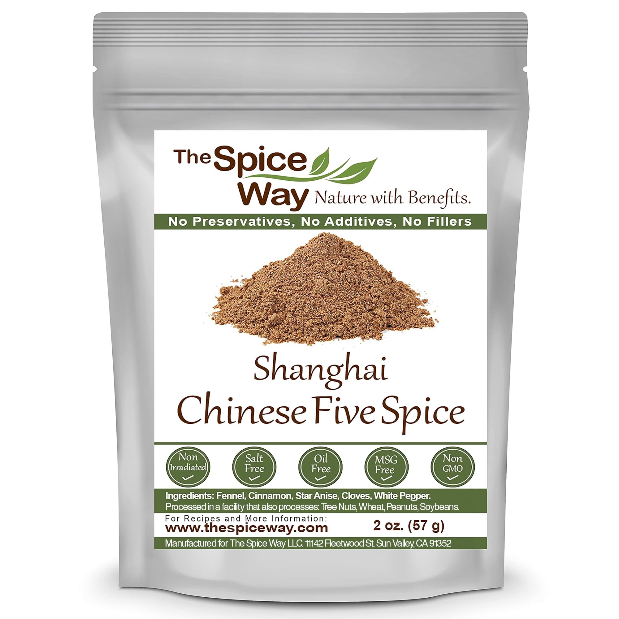 The Spice Way Shanghai Five Spice bottle on a wooden board, ideal for enhancing meats and rice.