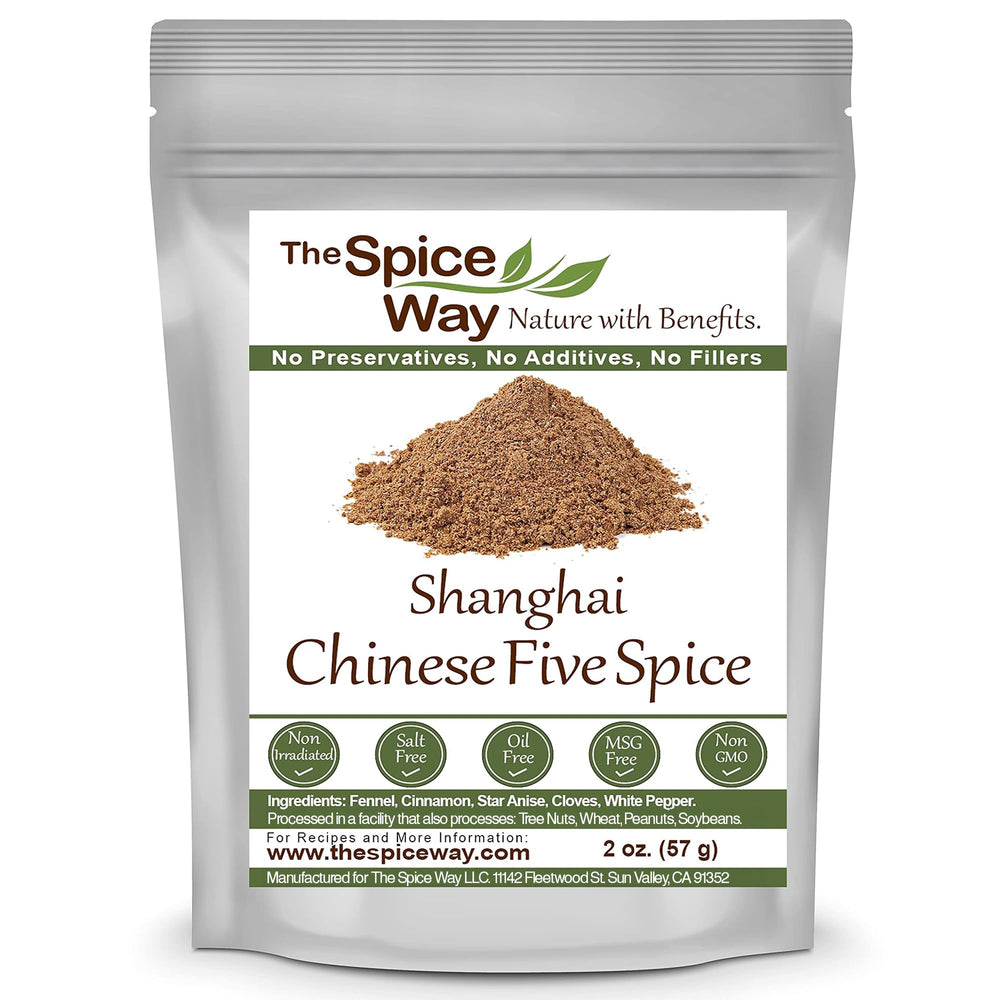 The Spice Way Shanghai Five Spice bottle on a wooden board, ideal for enhancing meats and rice.