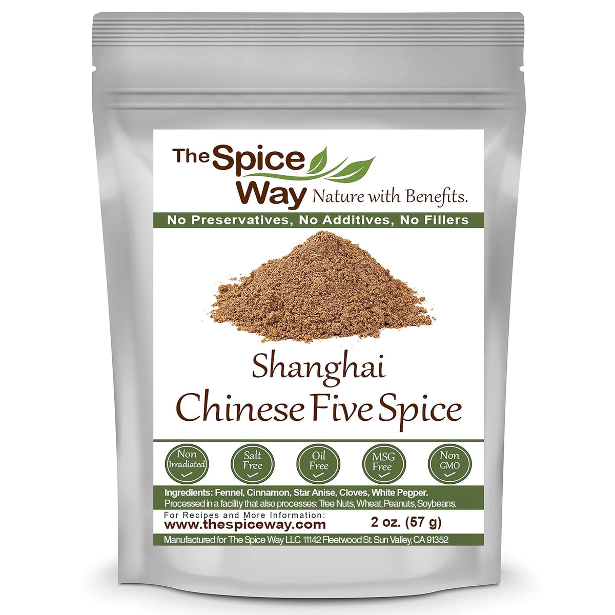 The Spice Way Shanghai Five Spice bottle on a wooden board, ideal for enhancing meats and rice.