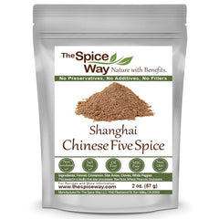 The Spice Way Shanghai Five Spice bottle on a wooden board, ideal for enhancing meats and rice.
