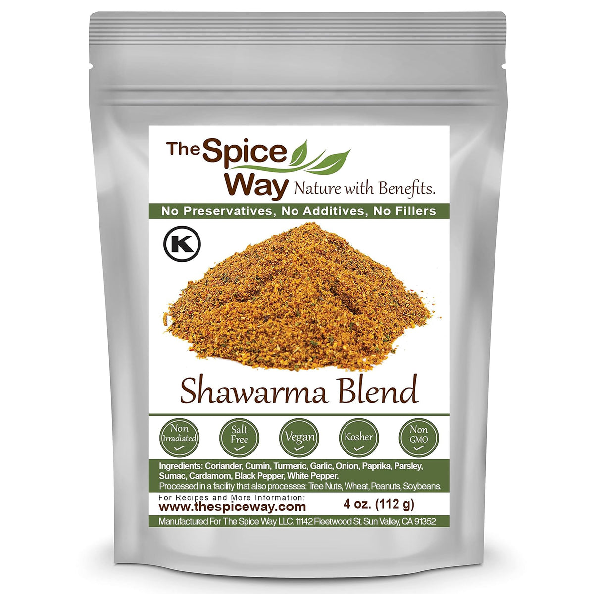 The Spice Way Shawarma blend jar on a shelf boosts Middle Eastern flavor.