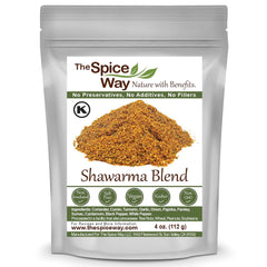 The Spice Way Shawarma blend jar on a shelf boosts Middle Eastern flavor.