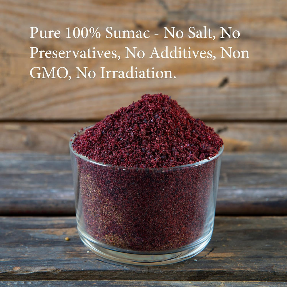 The Spice Way sumac bag with dried grains highlights purity and premium flavor.