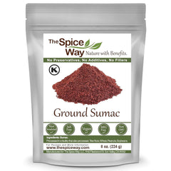 The Spice Way sumac powder bottle closeup shows a tangy, salt-free seasoning option.