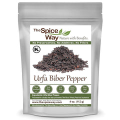 The Spice Way Urfa Biber bottle showing rich dark flakes for smoky depth.