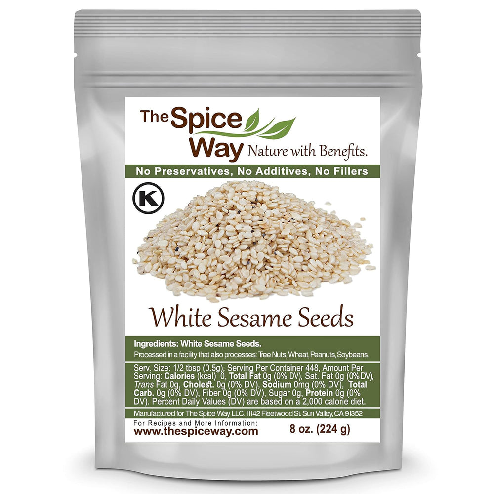 The Spice Way white sesame seeds hulled in 8-ounce packaging, ready to sprinkle