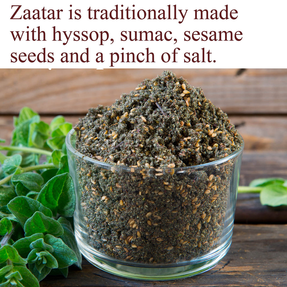 The Spice Way Zaatar Hyssop jar closeup shows authentic ingredients.