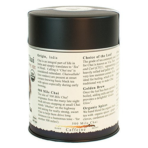 The Tao of Tea 500 Mile Chai tin back shows ingredients and brewing notes.