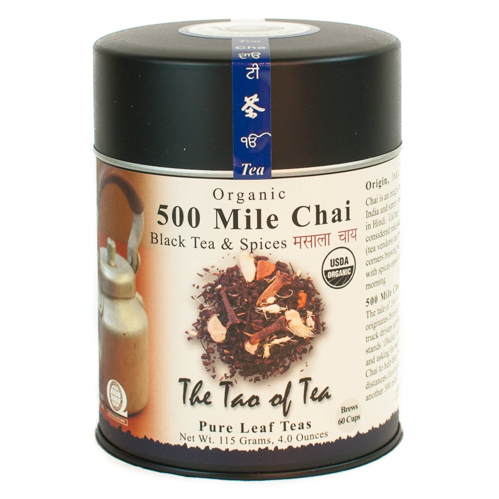The Tao of Tea 500 Mile Chai tin front view, bold spice balance.