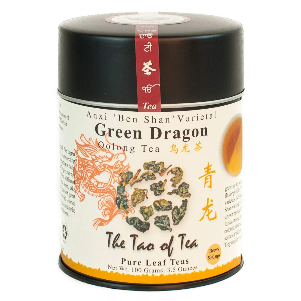 The Tao of Tea Green Dragon Oolong loose-leaf in a tin for delicate floral infusion.