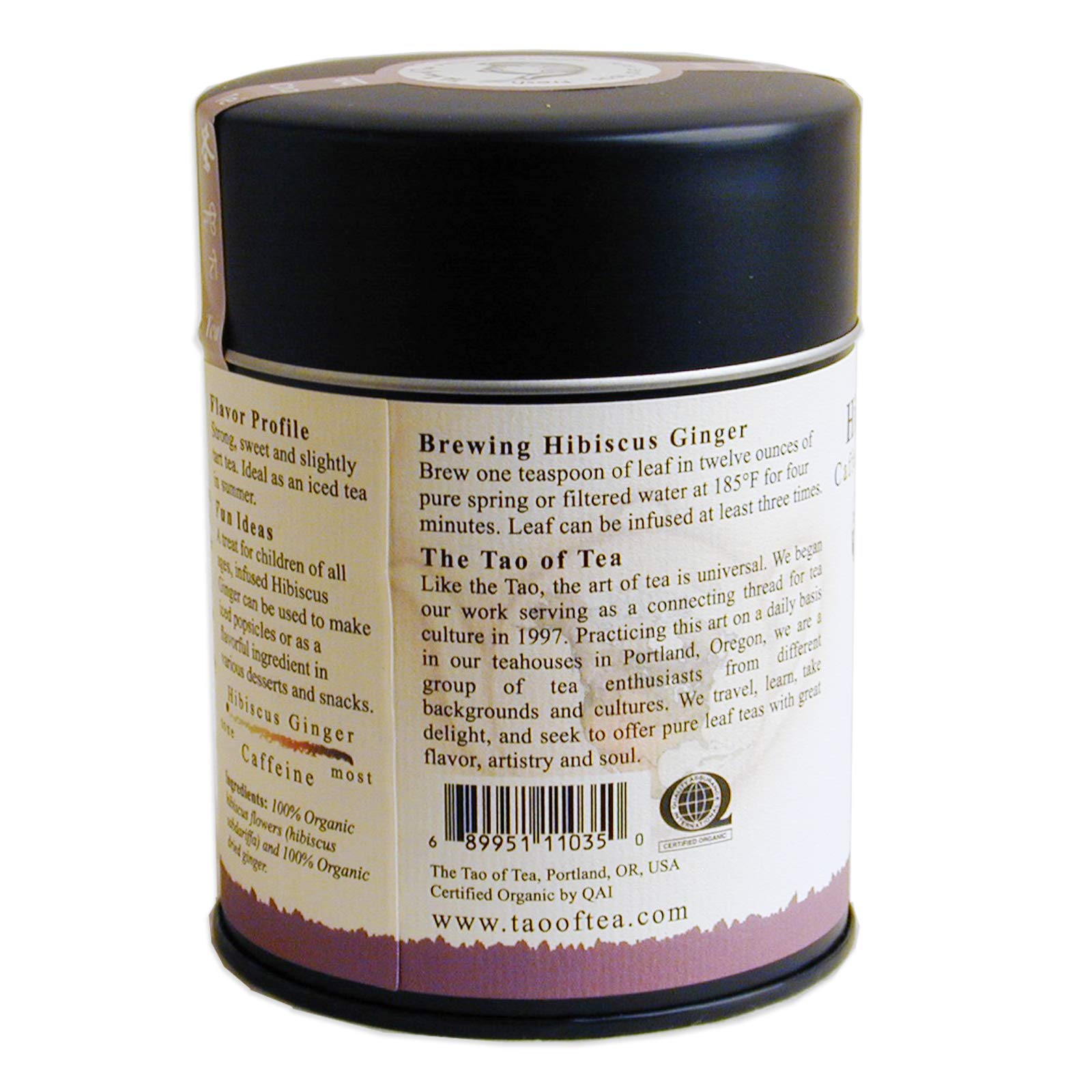 The Tao of Tea hibiscus ginger tea packaging highlights organic caffeine-free blend.