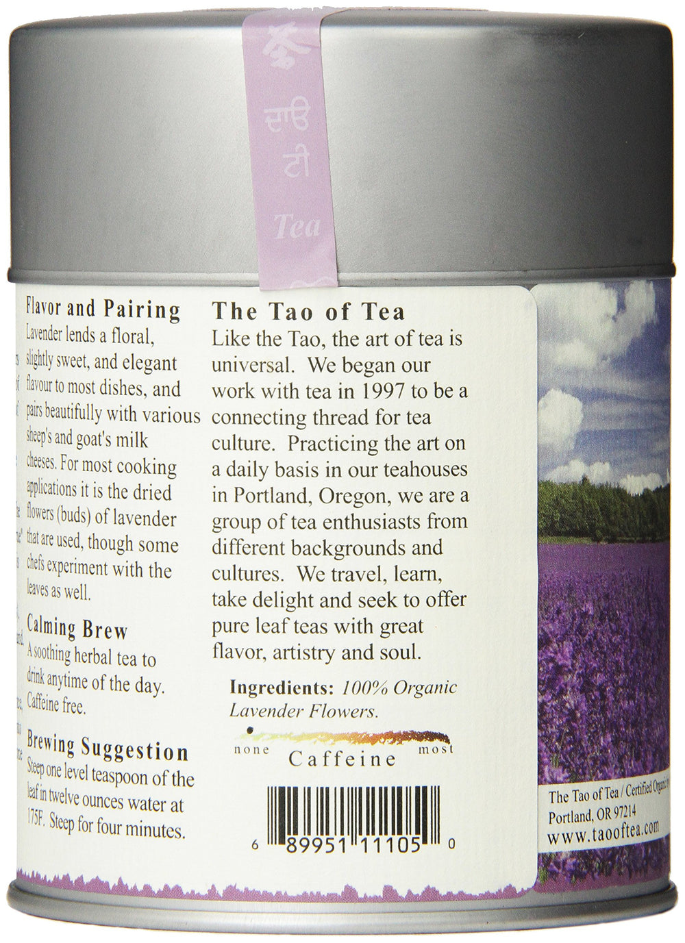 The Tao of Tea lavender tea tin packaging displayed.