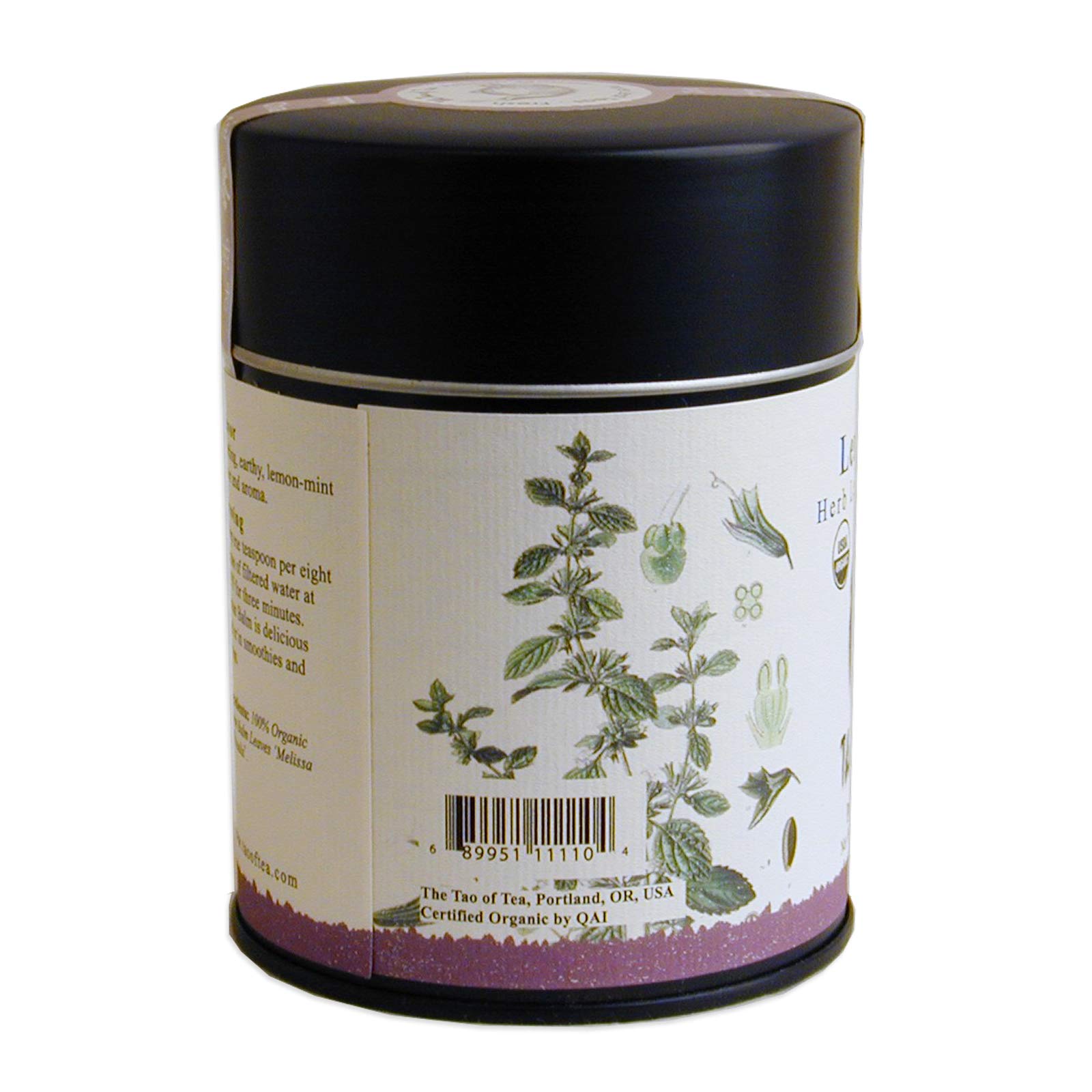 The Tao of Tea lemon balm tin packaging highlights quality and pure ingredients.