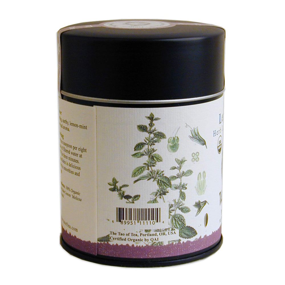 The Tao of Tea lemon balm tin packaging highlights quality and pure ingredients.