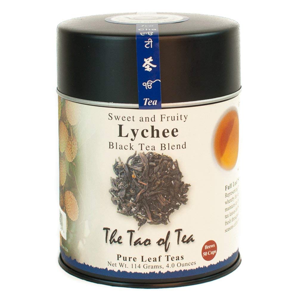 The Tao of Tea Lychee Black Tea loose leaf in a 4oz tin ready to brew