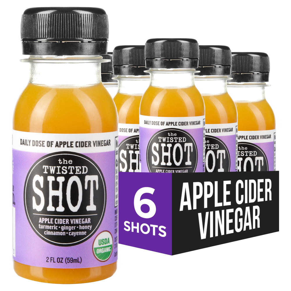 The Twisted Shot bottle front, showcasing the organic ACV blend for daily wellness.