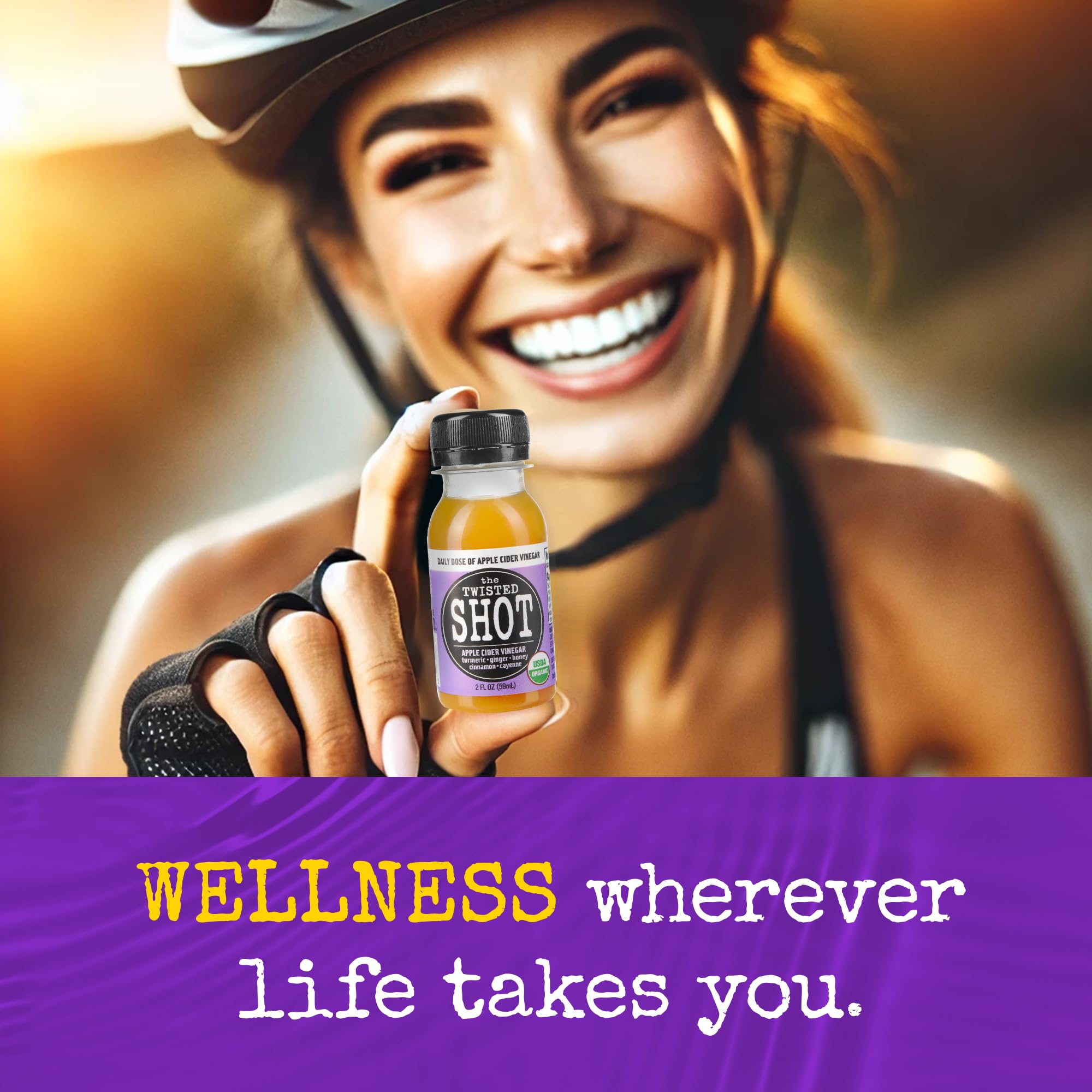 The Twisted Shot ingredients card highlights ginger, turmeric and honey flavor.