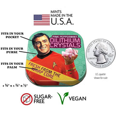 Star Trek Dilithium Crystal Breath Mints tin open with pink peppermint mints visible