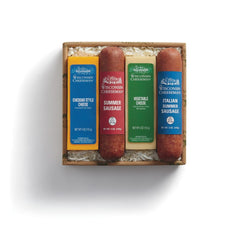 The Wisconsin Cheeseman gourmet gift box showcases a 4-piece meat and cheese selection for entertaining.