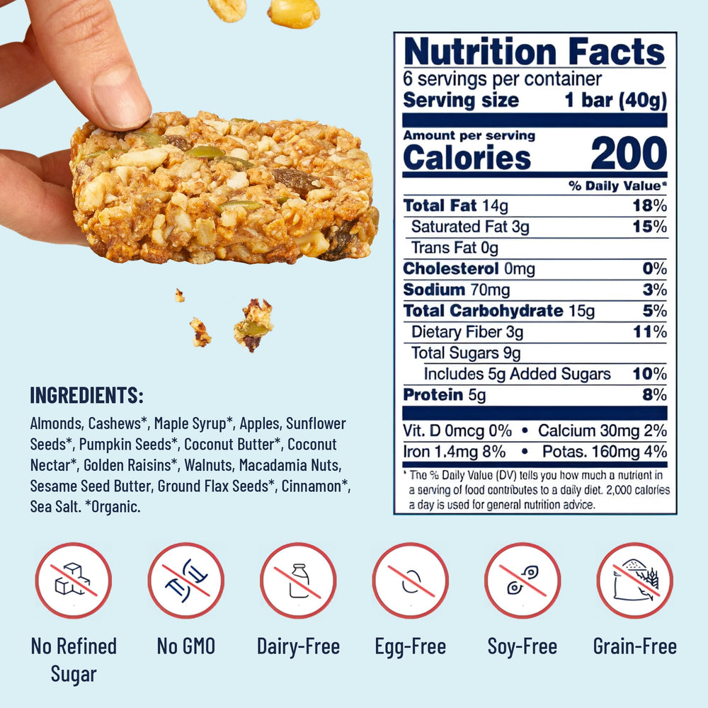 YES Bar Apple Cinnamon bar close-up shows chewy texture and nut-forward nutrition.