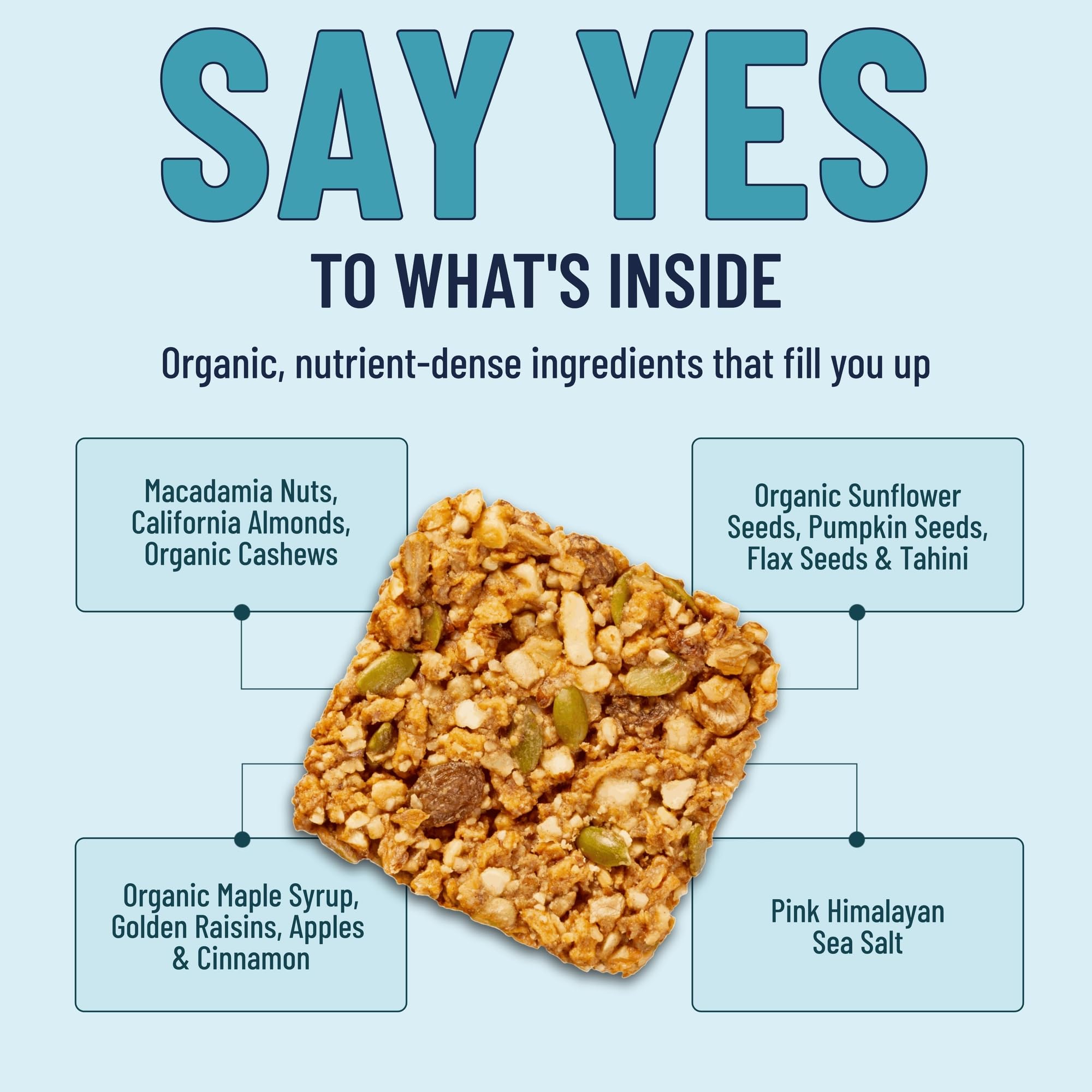 Ingredient-focused shot emphasizes organic maple syrup and premium nuts in the bar.