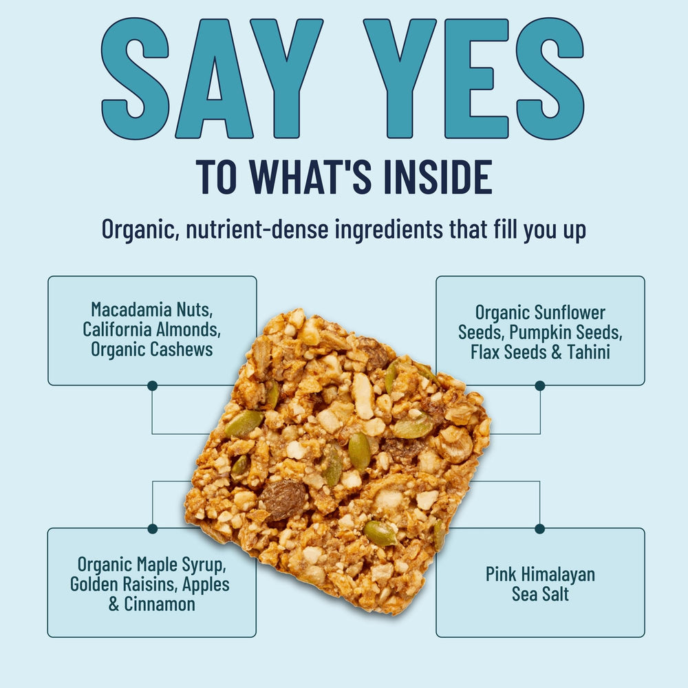 Ingredient-focused shot emphasizes organic maple syrup and premium nuts in the bar.