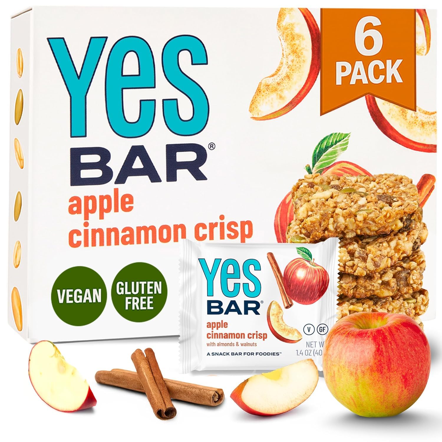 The YES Bar Apple Cinnamon pack shot highlights a convenient vegan snack.